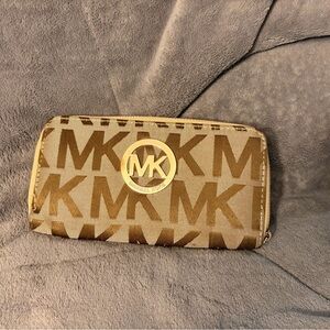 Michael Kors Tan and Brown MK Logo Zip-Around Wallet